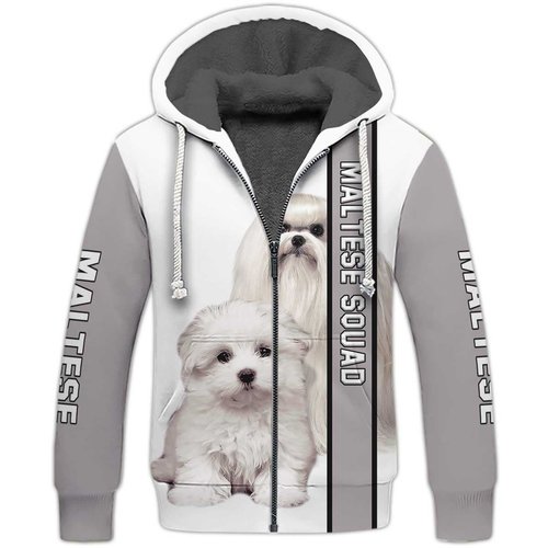 Cute White Maltese Dog Fleece Zipper, Dog Fleece Zipper For Humans
