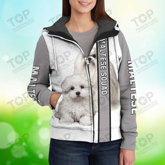Cute White Maltese Dog Fleece Zipper, Dog Fleece Zipper For Humans