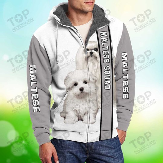 Cute White Maltese Dog Fleece Zipper, Dog Fleece Zipper For Humans