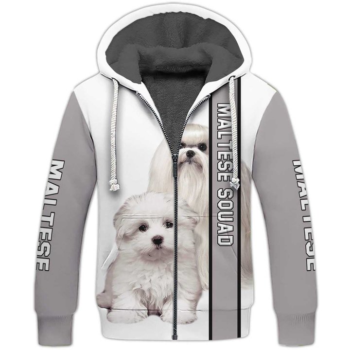 Cute White Maltese Dog Fleece Zipper, Dog Fleece Zipper For Humans