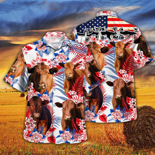 RED ANGUS IN AMERICAN FLAG PATTERNS HAWAIIAN SHIRT - CATE23