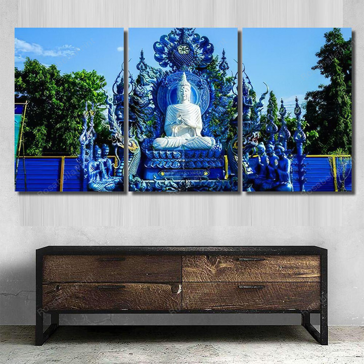 White Buddha Against Backdrop Blue Royal Buddha Religion Painting Canvas White Buddha Canvas Easels Elegant Canvas For Painting