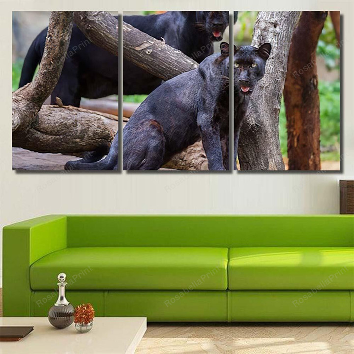 Two Panther Tree Looking Food Black Panther Animals Canvas Two Panther Cotton Canvas Tent Shapely Supplies For Canvas Painting
