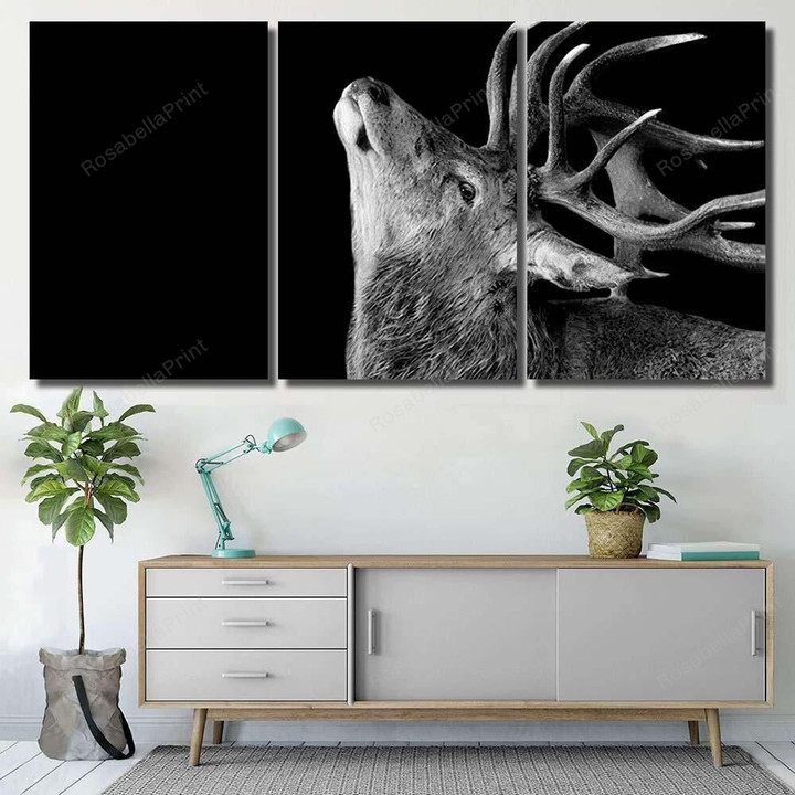 Black White Big Horned Pere David Deer Animals Canvas Black White Plastic Canvas Kit Attractive Canvas For Painting For Kids