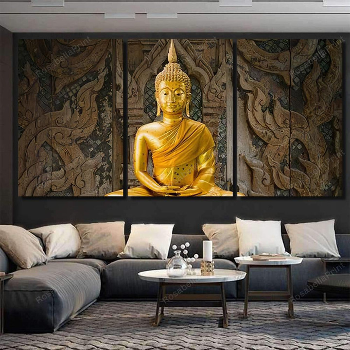 Golden Buddha Statue Wood Carving Background Buddha Religion Painting Canvas Golden Buddha Canvas Tote Bag Glitter Kawaii Paint Canvas For Kids