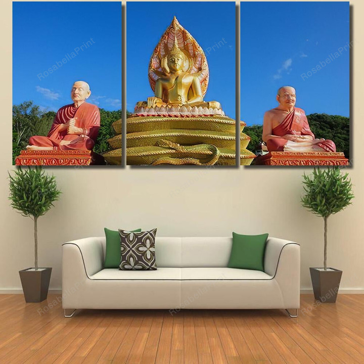 Golden Buddha Statue Blue Skyhua Hin 1 1 Buddha Religion Canvas Art Golden Buddha Colored Plastic Canvas Sheets Fit Canvas Sheets For Painting