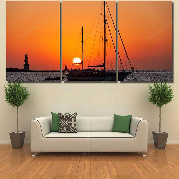 Sailboats Sunset Anchored Bay Near Lighthouse Fantastic Premium Canvas Wall Art Sailboats Sunset Small Paintings Canvas Wonderful Canvas Sheets For Painting