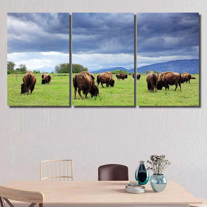 Herd American Bison Buffalo Cloud Covered Bison Animals Canvas Herd American Wide Canvas Painting Beautiful Canvas Boards For Painting 24 X 36