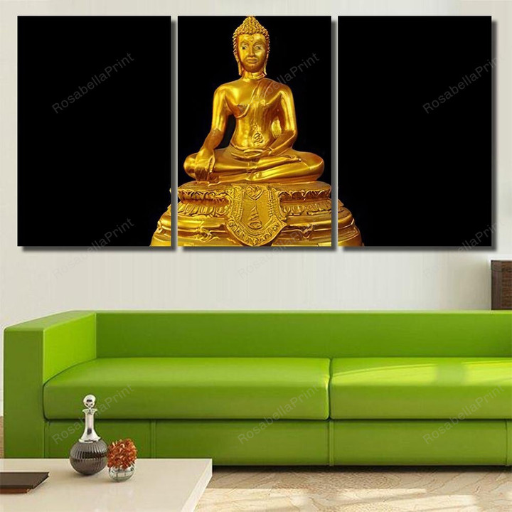 Gold Buddha Statue On Black Background Buddha Religion Canvas Wall Art Gold Buddha Canvas Tote Dog Puny Canvas For Painting