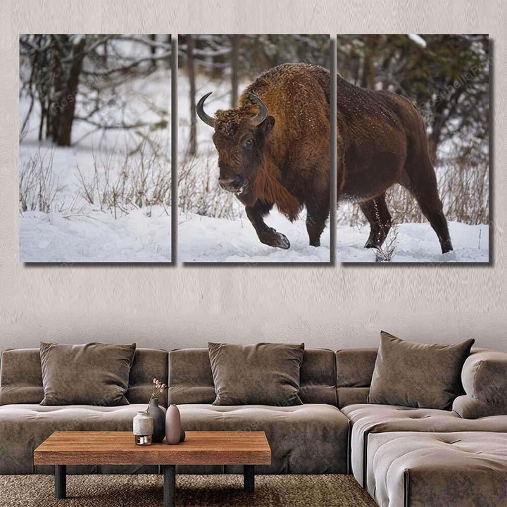 Large Brown Wisent Winter Forest Wild Bison Animals Painting Canvas Large Brown Paint Canvas Gorgeous Plaster For Canvas Painting