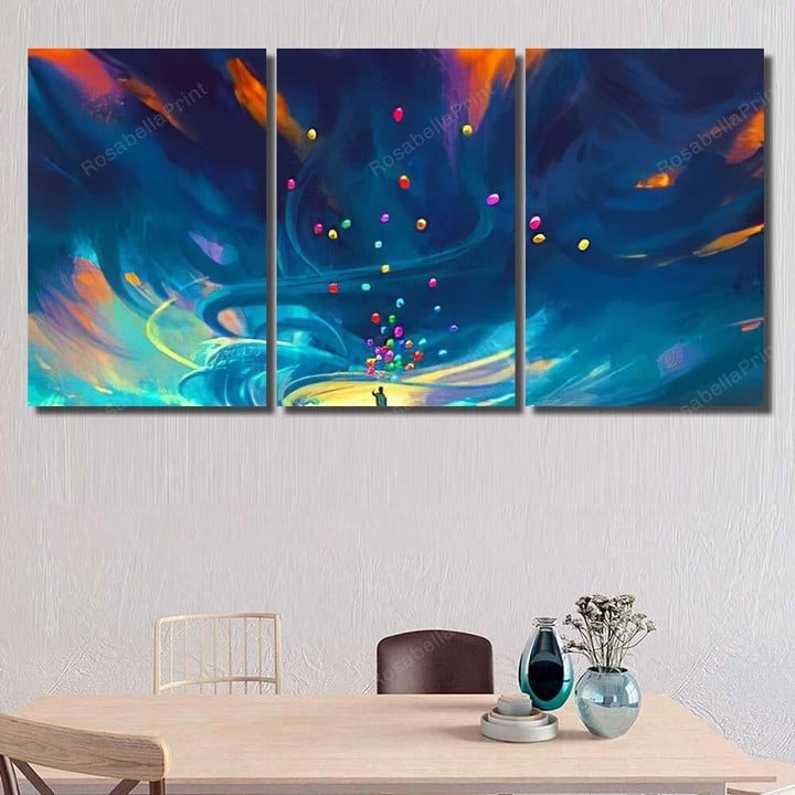 Child Holding Balloons Standing Front Fantasy Abstract Canvas Wall Art Child Holding Canvas Painting Small Canvas Painting For Kids