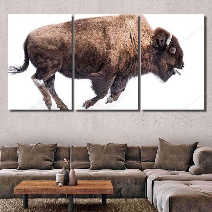 American Bison Running Snow Tongue Out Bison Animals Painting Canvas American Bison Canvas Free Big Canvas For Painting For Kids