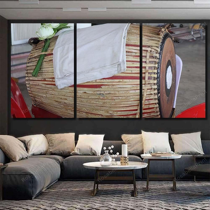 Ancient Drum Thai Culture Wooden Classical Drum Music Painting Canvas Ancient Drum Large Flower Canvas Attractive Polyester Canvas For Sublimation