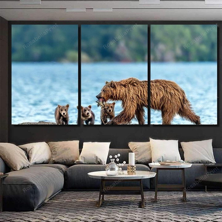 Mother Bear Fishing Her Puppies Kamchatka Bear Animals Painting Canvas Mother Bear White Canvas Wall Art Big Canvas Duffle Bags For Men