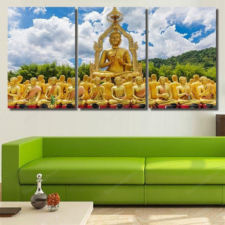 Golden Buddha Statues Around Large Story Buddha Religion Canvas Art Golden Buddha Canvas Tshirt Funny Canvas App For Students