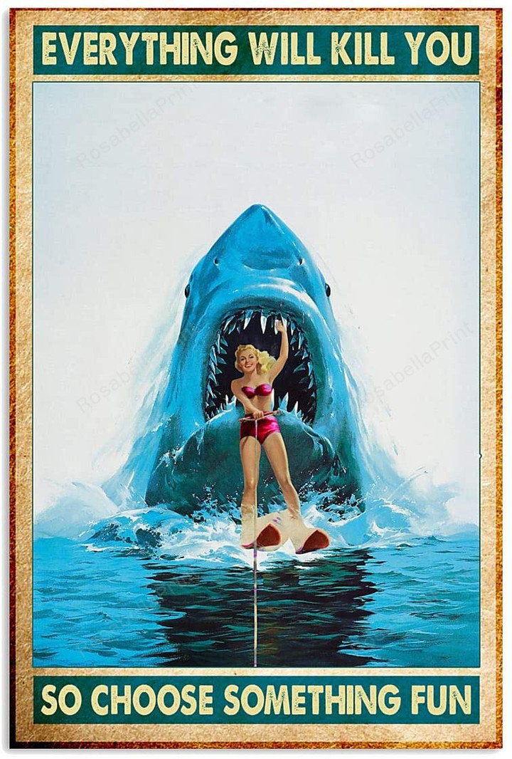 Vintage Woman Water Skiing Shark Canvas Wall Art Vintage Woman Girls White Canvas Tennis Shoes Big Paint Supplies For Canvas Painting