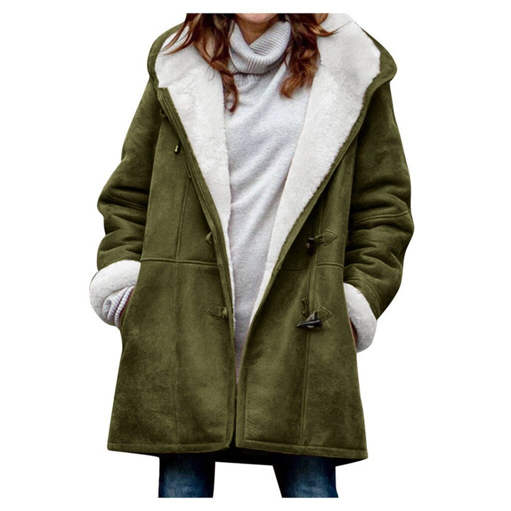 Women Winter Warm Coat Plus Velvet Long Sleeve Jacket Buckle Pocket Parka