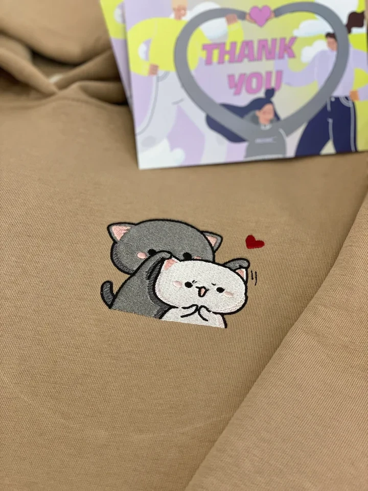 Anime Couple Embroidered Cat Hoodies Cartoon Animal Hugging