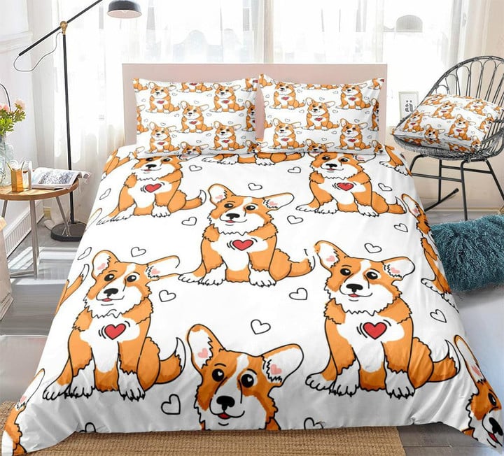 Cartoon Dogs Bedding Kids Boys Girls Cute Corgi Dogs Duvet Cover Set Red White Hearts Quilt Cover Pet Queen Bed Set Dog Dropship