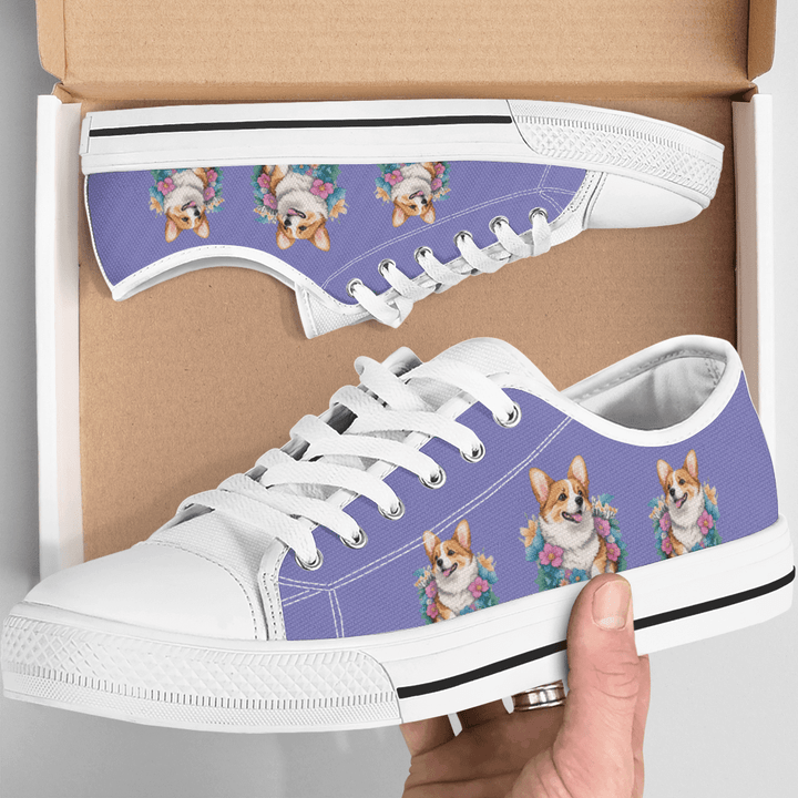 Charming Corgi with Flowers Sneakers