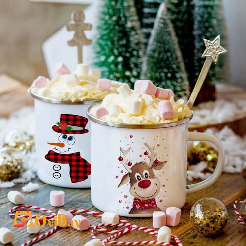Snowman Deer Print Enamel Coffee Mugs Christmas Gifts