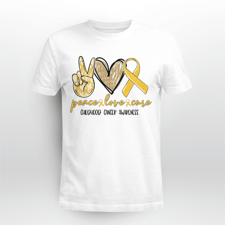 Peace Love Cure Glitter Childhood Cancer Awareness T-Shirt