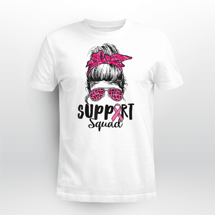 Support Squad Messy Bun Pink Warrior Breast Cancer Awareness T-Shirt