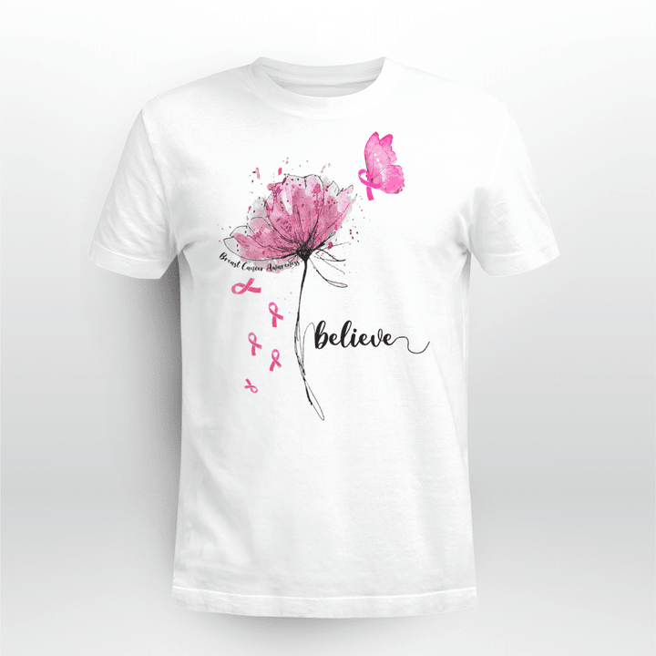 BC Classic T-shirt Womens Believe Flower Butterfly Pink Ribbon
