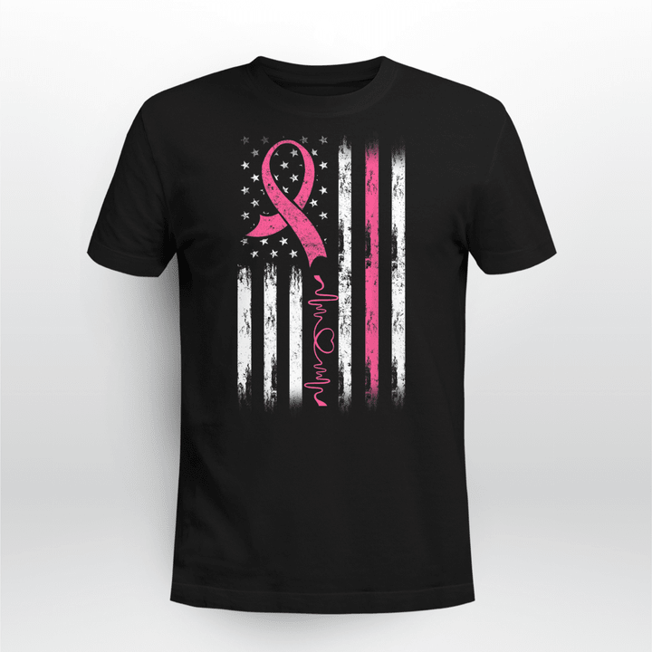Breast Cancer Awareness Vintage American Flag Pink Ribbon T-Shirt