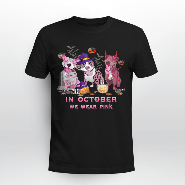 Pitbull Dog In October We Wear Pink Breast Cancer Halloween T-Shirt
