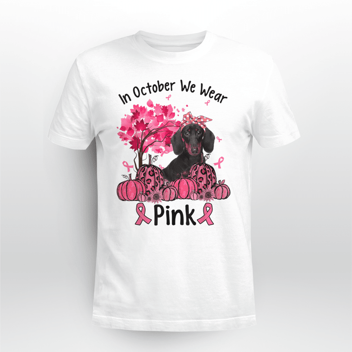 Breast Cancer Classic T-shirt In October We Wear Pink Black Dachshund