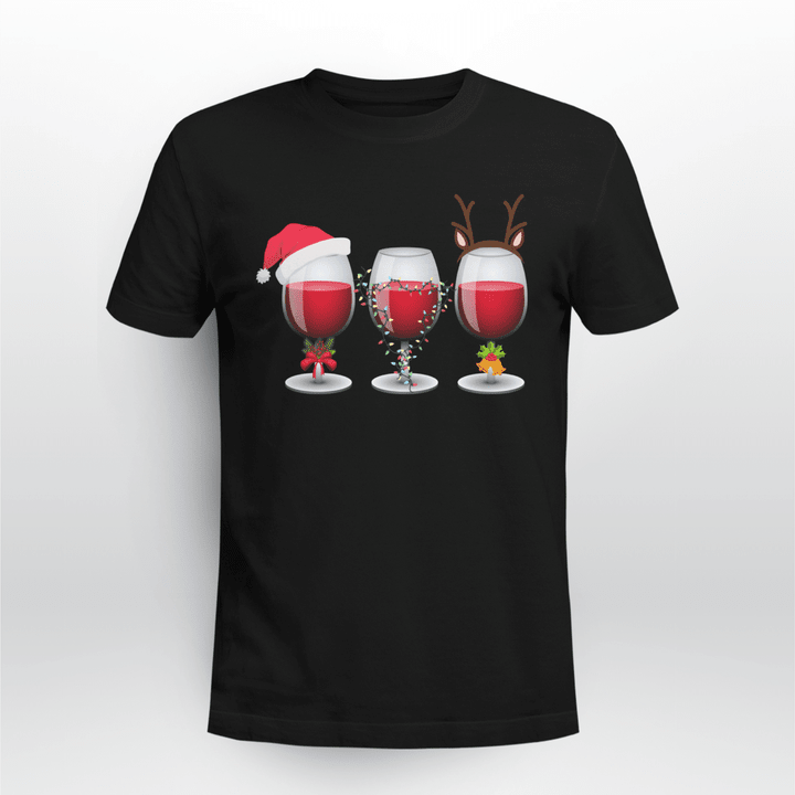 Wine Classic T-shirt Glasses Of Wine Santa Hat Christmas Lights Reindeer