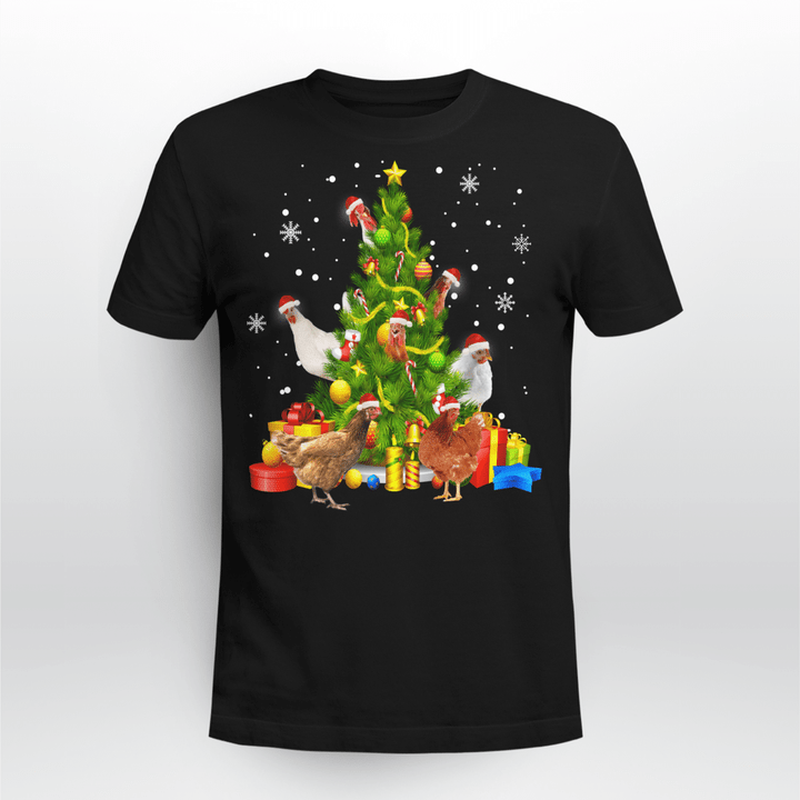Chicken Christmas Tree Gift X-mas Santa Hat Farmer Lover Long Sleeve T-Shirt