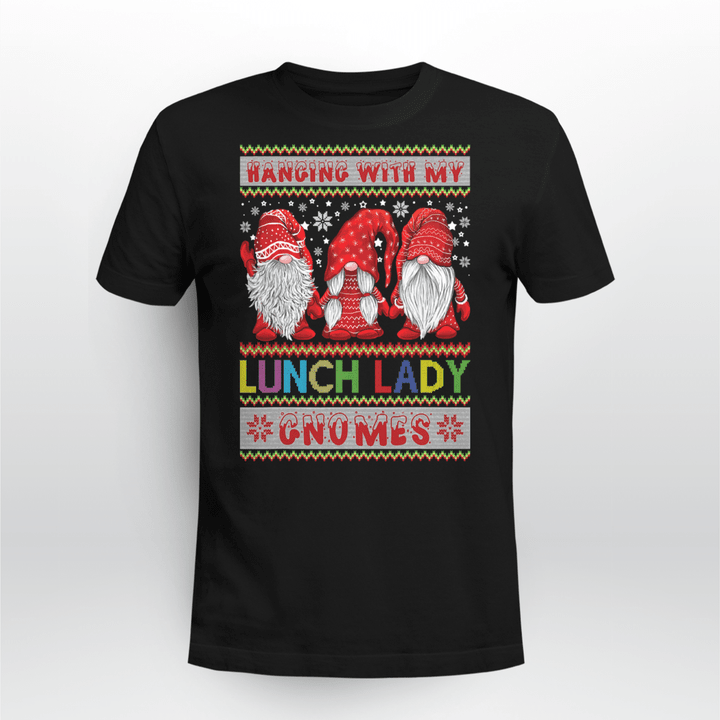 Lunch Lady Christmas T-Shirt Hanging With My Lunch Lady Gnomes