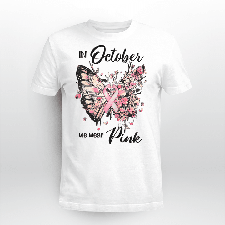 Breast Cancer T-shirt Womens In October We Wear Pink Butterfly
