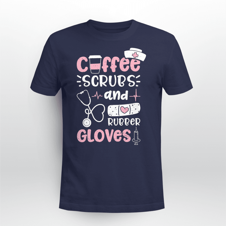 Nurse Unisex T-shirt Coffee Scrubs And Rubber Gloves Pink