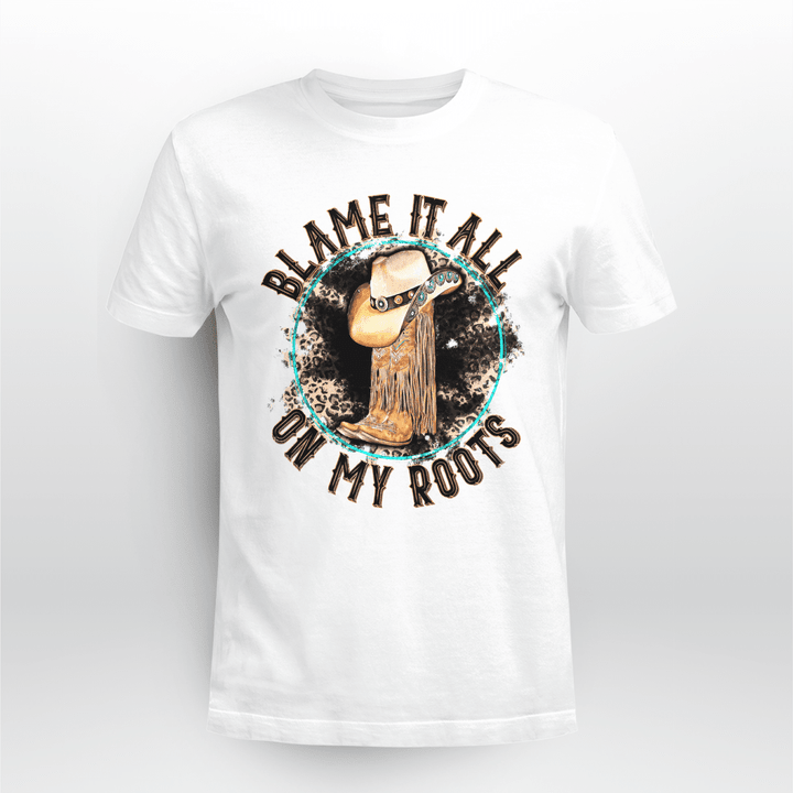 Country Music T-Shirt Blame It All On My Roots Cowboy Boots On Leopard