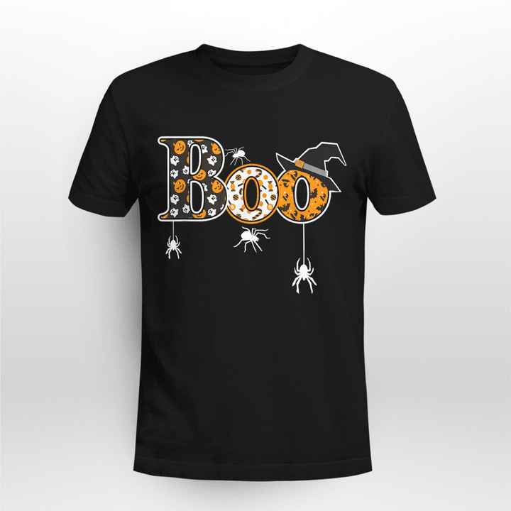 Halloween T-shirt Boo With Spiders And Witch Hat