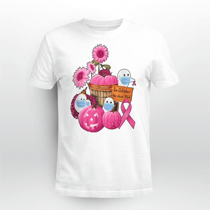In October We Wear Pink Ghosts And Pumpkins For Breast Cancer T-Shirt