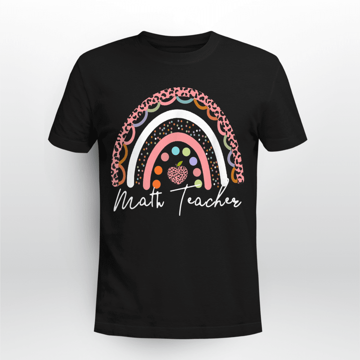 Pink Leopard Print Math Teacher With Rainbow Design T-Shirt