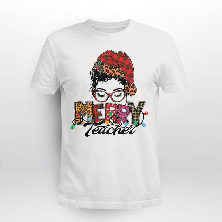 Teacher Classic T-shirt Messy Bun Merry Christmas Teacher Leopard Buffalo Xmas Light