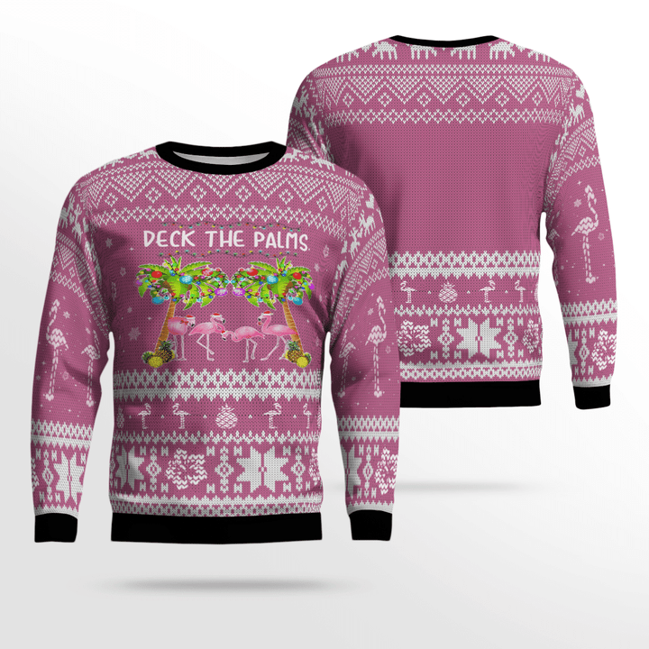 Christmas Flamingo Ugly Sweater Deck The Palms