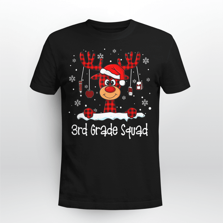 Teacher Christmas T-Shirt 3rd Grade Squad Plaid Reindeer Santa Hat