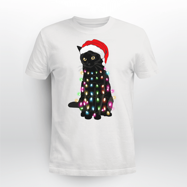 Cat Christmas T-shirt Black Cat Lights