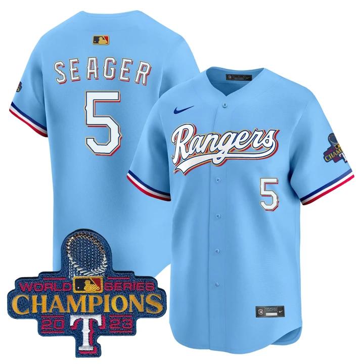 Corey Seager Texas Rangers Gold Trim World Series Champions Powder Blue Jersey - All Stitched