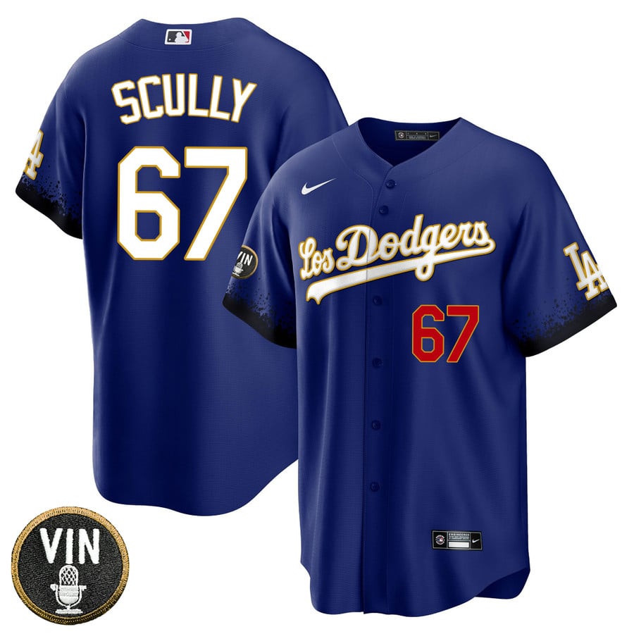 Los Angeles Dodgers Vin Scully Patch Gold Trim Jersey - All