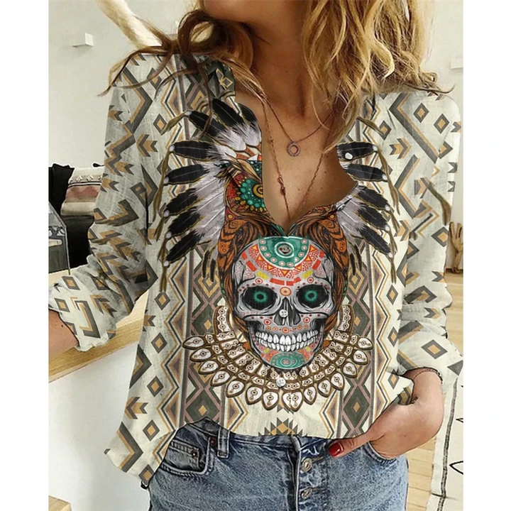 Native Skull Aztec Cotton And Linen Casual Shirt QA220806