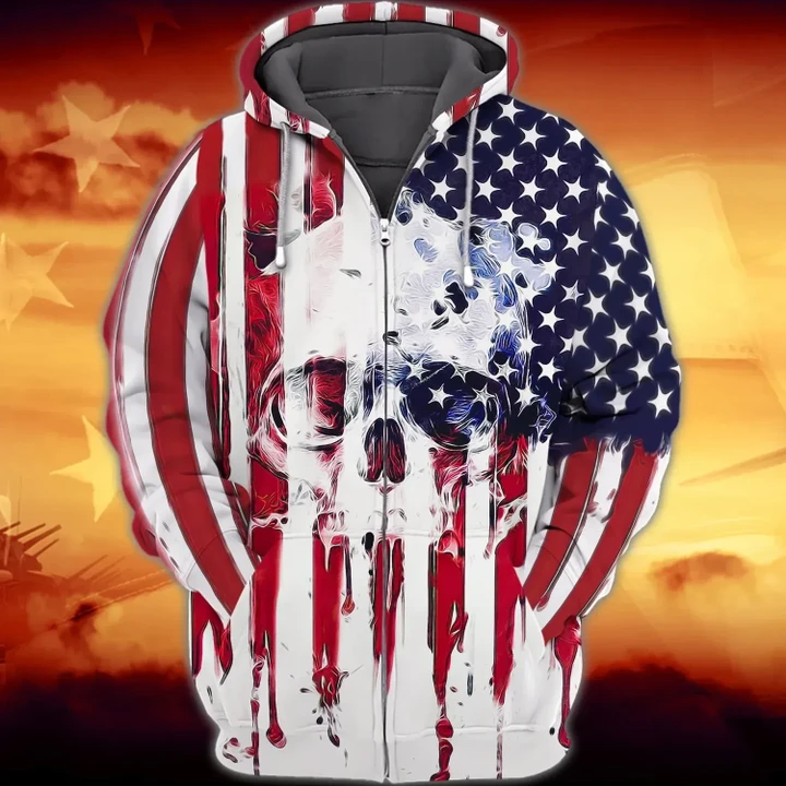 Premium Unique American Flag Skull Zip Hoodie Ultra Soft And Warm KV280402DS