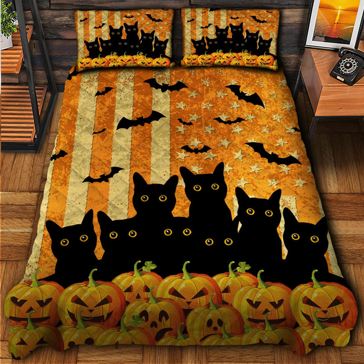 Premium Unique Black Cat Halloween Quilt Bedding Set Ultra Soft DNH160802MH