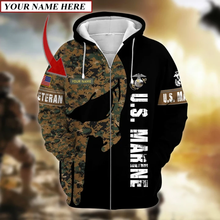 Custom Name US Military US Marines Veteran Zip Hoodie PVC2401030103